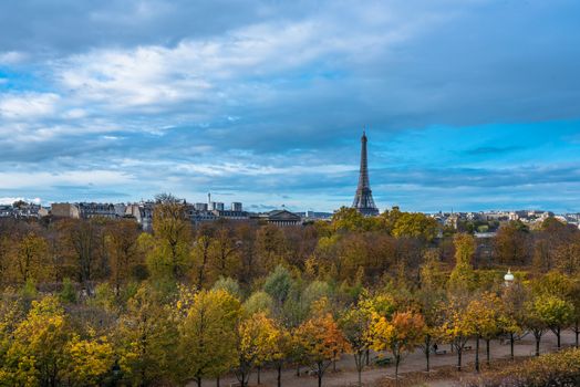 Paris, France -- November 5, 2017 -- Overlooking the Tuilery Gardens on a Paris morning, with the Eiffel tower in the background. Editorial Use Only.
