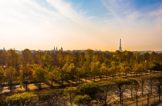 Paris, France -- November 3, 2017 -- Overlooking the Tuilery Gardens on a Paris morning, with the Eiffel tower in the background.