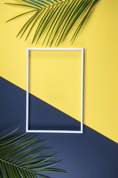 Summer composition with photo frame and green leaves on yellow and black background. Creative mockup with copy space and tropical leaves.

