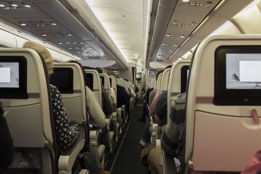 Sitting on the plane. View into the aisle. Seats and people