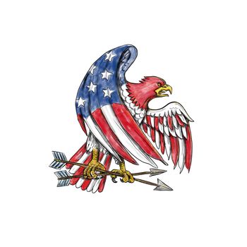 Tattoo style illustration of an American Bald Eagle with USA stars and stripes flag on body and wing clutching arrow on isolated background.