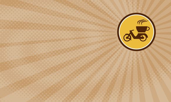 Business card showing Illustration of a motorcycle motorbike with cup coffee delivery viewed from the side set inside circle done in retro style. 



