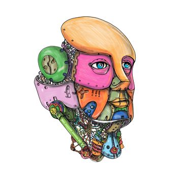 Tattoo style illustration of a female humanoid android robot AI Artificial Intelligence head looking forward on isolated background.