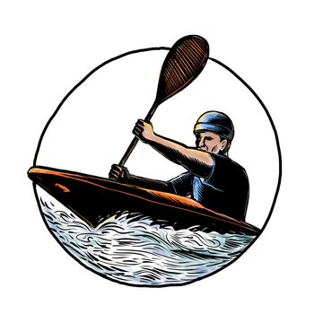 Scratchboard style illustration of kayak paddler with paddle paddling a canoe on white water set inside circle on isolated background.