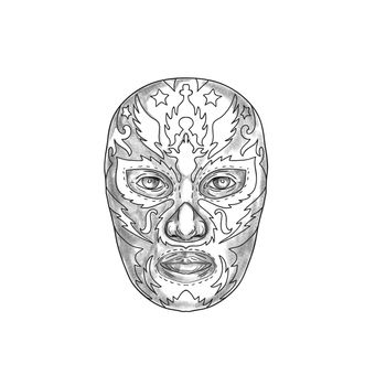 Tattoo style illustration of a Mexican wearing luchador Lucha libre mask viewed from front.
