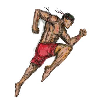 Tattoo style illustration of a muay thai asian Thai boxing fighter jumping about to kick viewed from side on isolated background.
