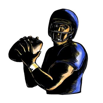 Scratchboard style illustration of an American football Quarterback about to Throw Ball  viewed from front on isolated background.