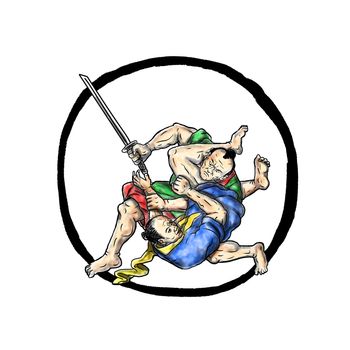 Tattoo style illustration of Samurai warrior jui jitsu judo fighting set inside enso circle.
