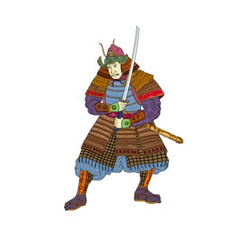 Vintage Woodblock style illustration of a Japanese samurai warrior wearing kabuto helmet with katana sword in fighting stance on isolated background.