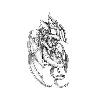 Tattoo style illustration of St. George riding horse fighting slaying mythical dragon with spear on isolated background.
