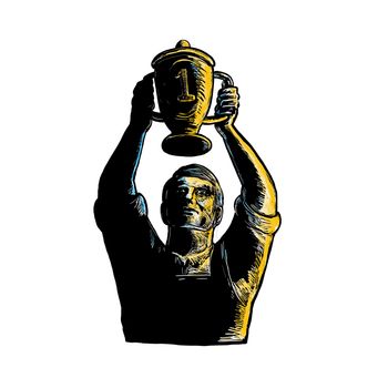 Woodcut style illustration of a worker winning and raising up championship trophy cup viewed from front on isolated background.
