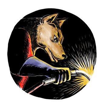 Woodcut style illustration of a wolf or wild dog welder welding viewed from side set inside oval shape on isolated background.