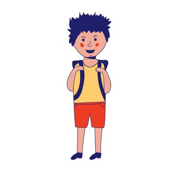 Happy caucasian schoolboy holding a book and waving his hand. Full length of smiling schoolboy making greeting gesture - waving hand. sketch cartoon illustration isolated on white background