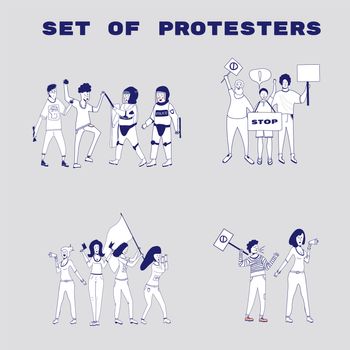Big set of protesting people holding banners and placards. Men and women characters on political meeting, parade or rally. Group of male and female protesters or activists. . cartoon line illustration.