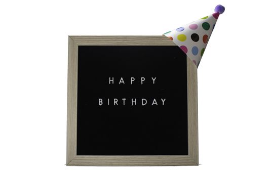 A Birch Framed Sign That Says Happy Birthday in White Letters With a White Party Hat on Top on a Pure White Background