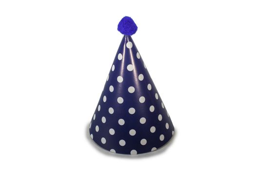 A Dark Blue Birthday Hat with White Polka-Dots on a Pure White Background