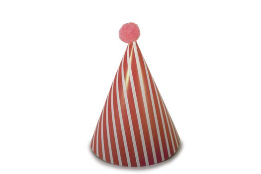A Red Birthday Hat with Stripes on a Pure White Background