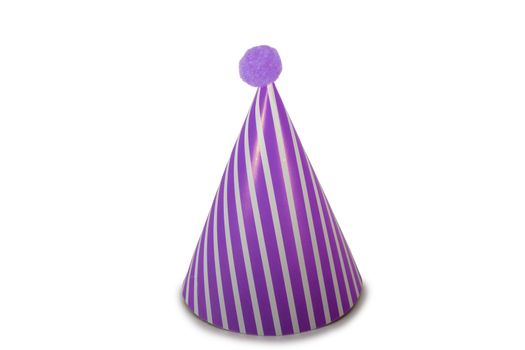 A Purple Birthday Hat with Stripes on a Pure White Background