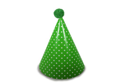 A Green Birthday Hat with Polka-Dots on a Pure White Background
