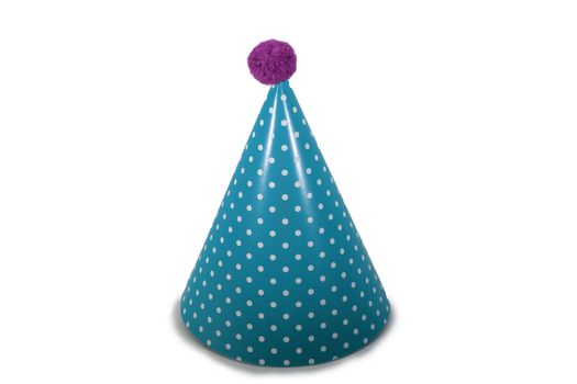 A Light Blue Birthday Hat with Polka-Dots on a Pure White Background