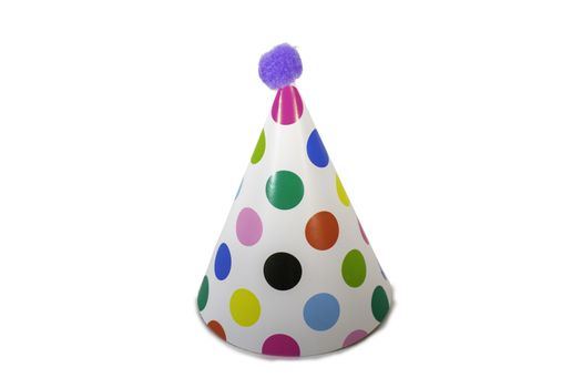 A Birthday Hat with Colorful Polka-Dots on a Pure White Background