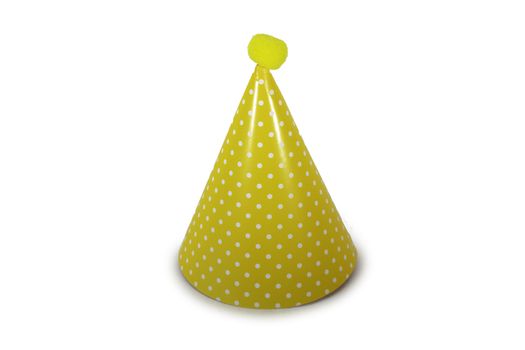 A Yellow Birthday Hat with White Polka-Dots on a Pure White Background
