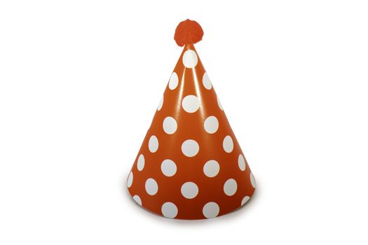 A Red Birthday Hat with White Polka-Dots on a Pure White Background