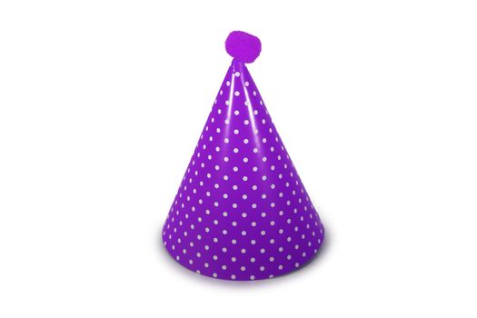 A Purple Birthday Hat with White Polka-Dots on a Pure White Background