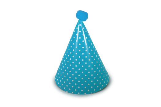 A Light Blue Birthday Hat with White Polka-Dots on a Pure White Background