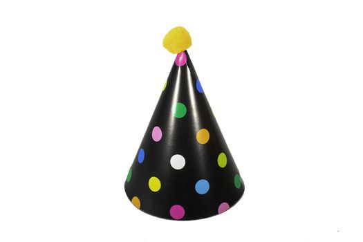 A Black Birthday Hat on a Pure White with Multicolored Polka-Dots Background