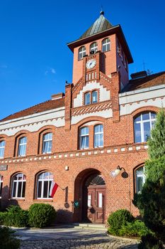 The historic red brick town hall in the small town of Lubniewice in Poland