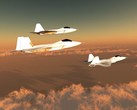 Three F-22 fighter jets with supersonic twin-engines cruise over the cloud layer on their mission.