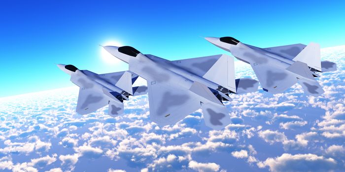 Three F-22 fighter jets with supersonic twin-engines cruise over the cloud layer on their mission.