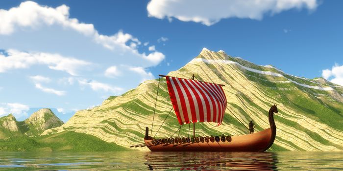 A Viking Ship and explorers sail past a mountain shoreline in a far off land on a sunny day.