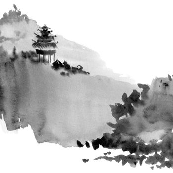 Watercolor and ink illustration of chinese landscape with pagoda and mountains in style sumi-e, u-sin. Traditional asian architecture. Oriental traditional painting.