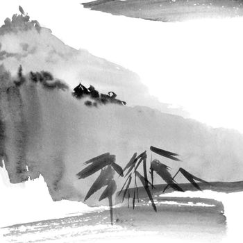 Watercolor and ink illustration of chinese landscape with bamboo in waterand mountains in style sumi-e, u-sin. Oriental traditional painting.