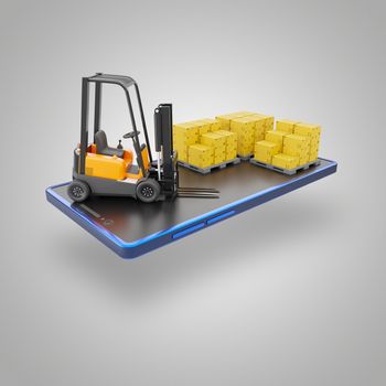 Forklift truck and cardboard box on pallet set on screen of smartphone. Cargo in warehouse to prepare for delivery by transporting to destination. Concept of online shopping and logistics. 3D render.