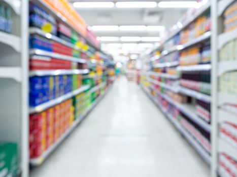 Supermarket blur background. Blurred interior view with walkway between product shelves in shopping mall.