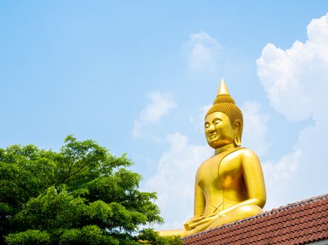PATHUM THANI, THAILAND - May 2 : 2020. Beautiful big buddha "Luang Phor Sothorn" on blue sky background at Wat Bot Temple at Pathum Thani, THAILAND.