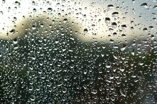 Drops of rain on the window, rainy day. Shallow DOF