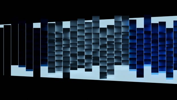 Gradients of blue squares on dark background. Minimalist textured pattern. Digital 3d render.