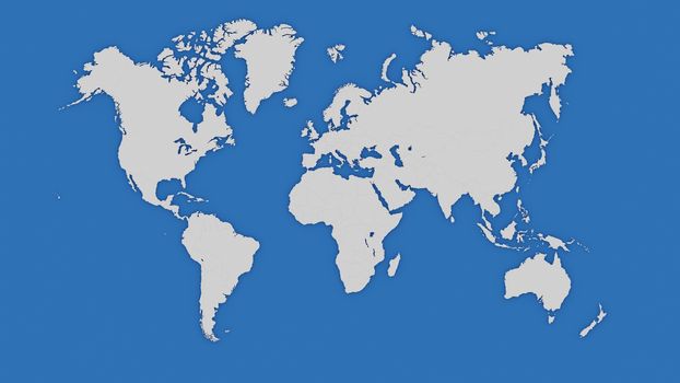 World map in white over blue with international borders. Slight volume shadow. Digital 3D render.