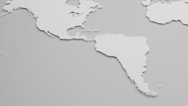 3D map of South America in white on light gray. Global geopolitics concept. Digital 3D render.