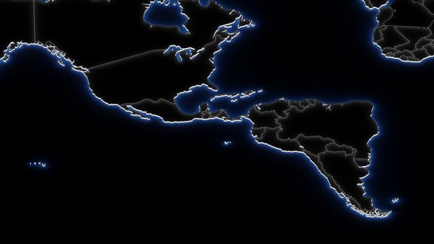 3D map of South America in blue neon on black, with international borders. Global geopolitics concept. Digital 3D render.