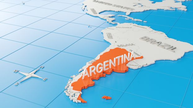 Simplified 3D map of South America, with Argentina highlighted. Digital 3D render.