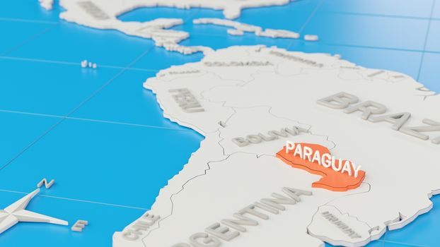 Simplified 3D map of South America, with Paraguay highlighted. Digital 3D render.