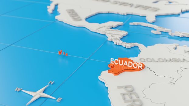 Simplified 3D map of South America, with Ecuador highlighted. Digital 3D render.