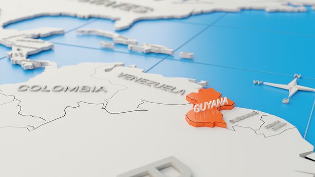 Simplified 3D map of South America, with Guyana highlighted. Digital 3D render.