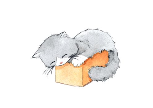 black and white kitten sleeping in a small cardboard box. watercolor hand painting for decoration in pet artwork advertising. isolated on white background.