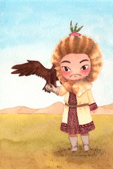 Mongolian man and his eagle on a meadow with a mountain range in background.  Watercolor hand painting illustration. Cartoon character in chibi style.